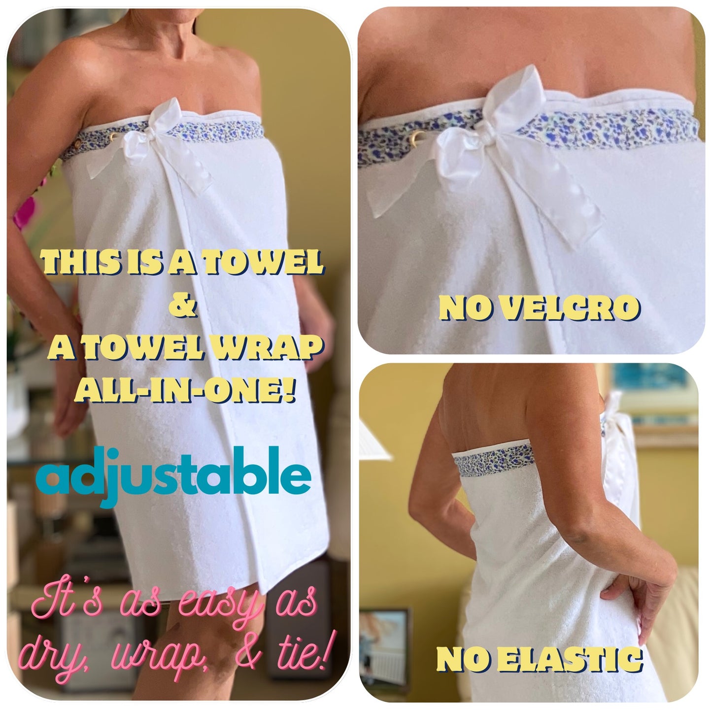 UWRAPT - Towel & Towel Wrap All-in-One. No Velcro or Elastic. Adjustable. Bath Wraps for Women Shower Wrap Towel Spa Wrap Sauna Towel Wrap for Women