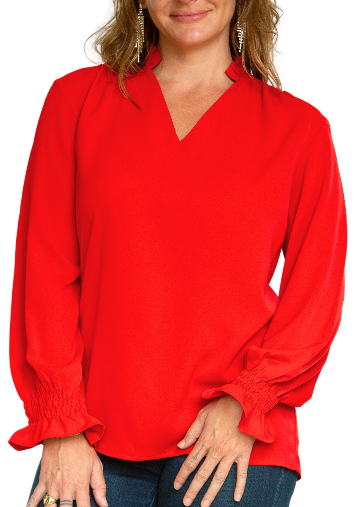 Women’s Red V Neck Blouse - Long Sleeve Shirt Smocked Cuffs Red Casual Dressy Top Women (S-XL)