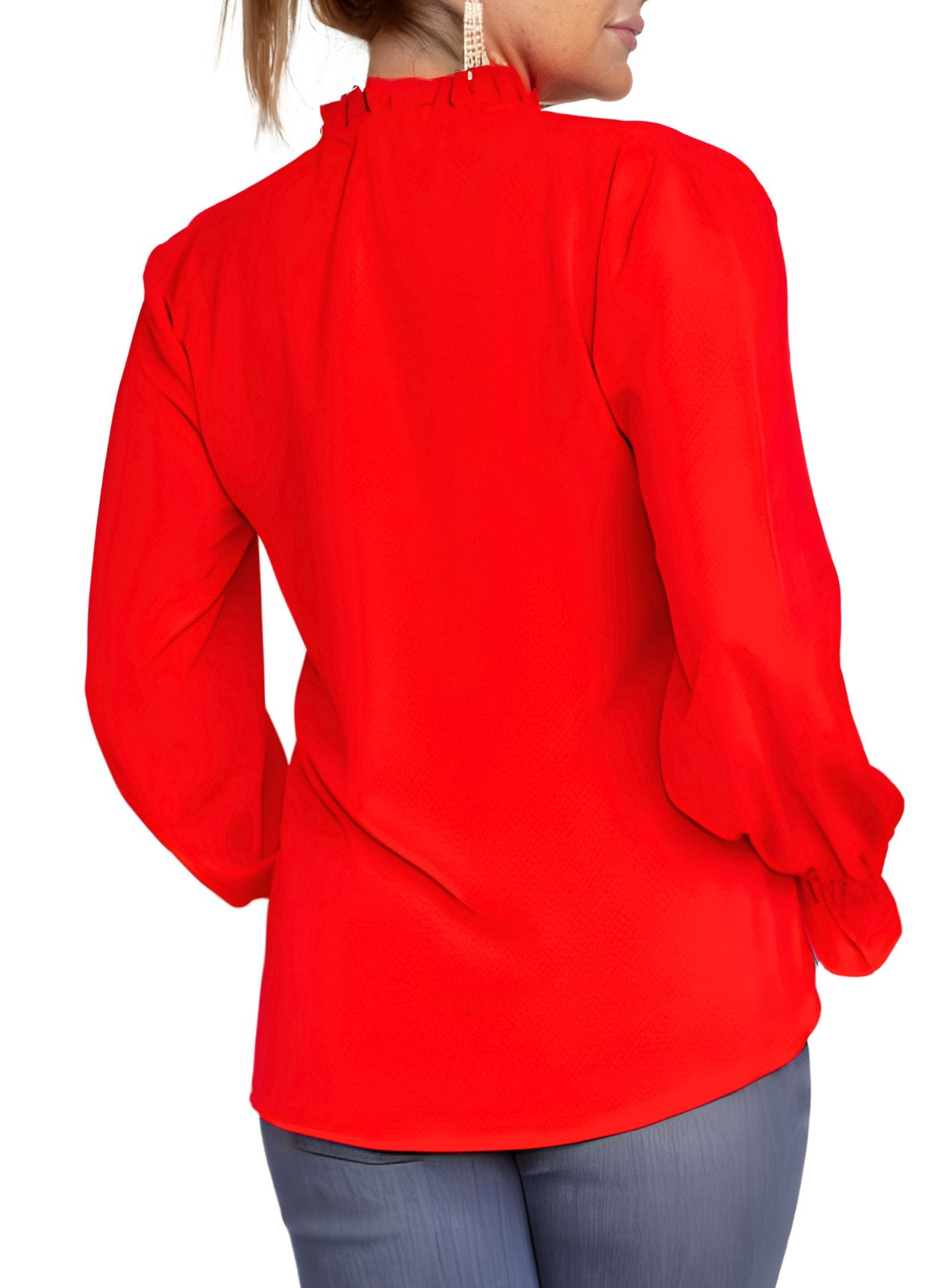 Women’s Red V Neck Blouse - Long Sleeve Shirt Smocked Cuffs Red Casual Dressy Top Women (S-XL)