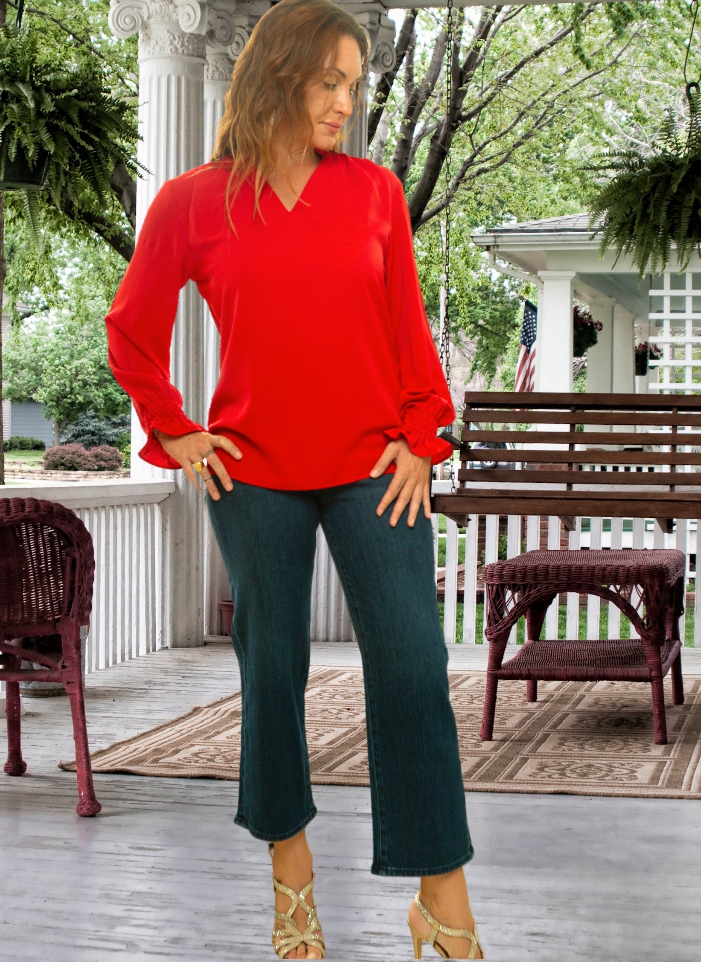 Women’s Red V Neck Blouse - Long Sleeve Shirt Smocked Cuffs Red Casual Dressy Top Women (S-XL)