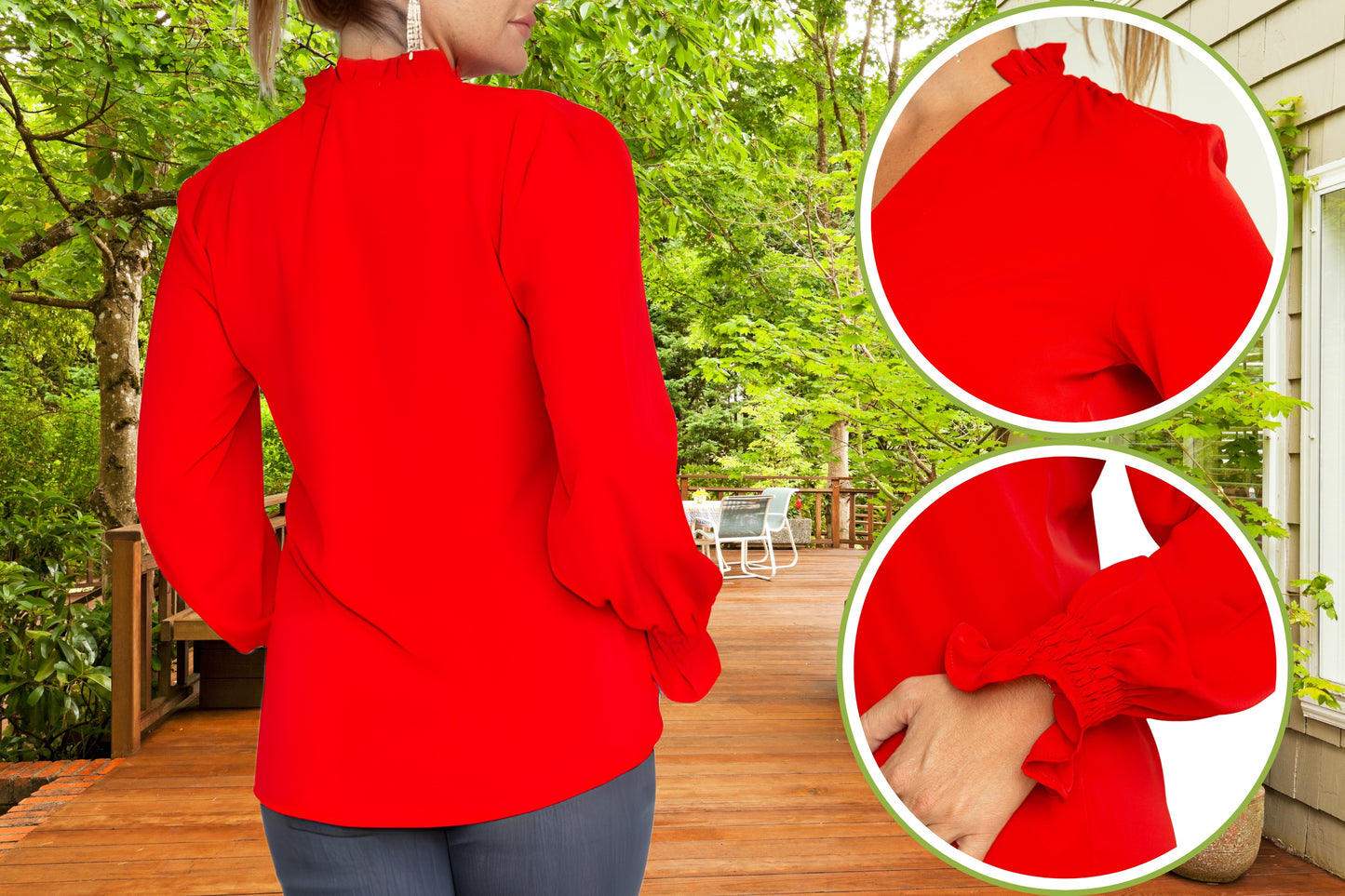 Women’s Red V Neck Blouse - Long Sleeve Shirt Smocked Cuffs Red Casual Dressy Top Women (S-XL)